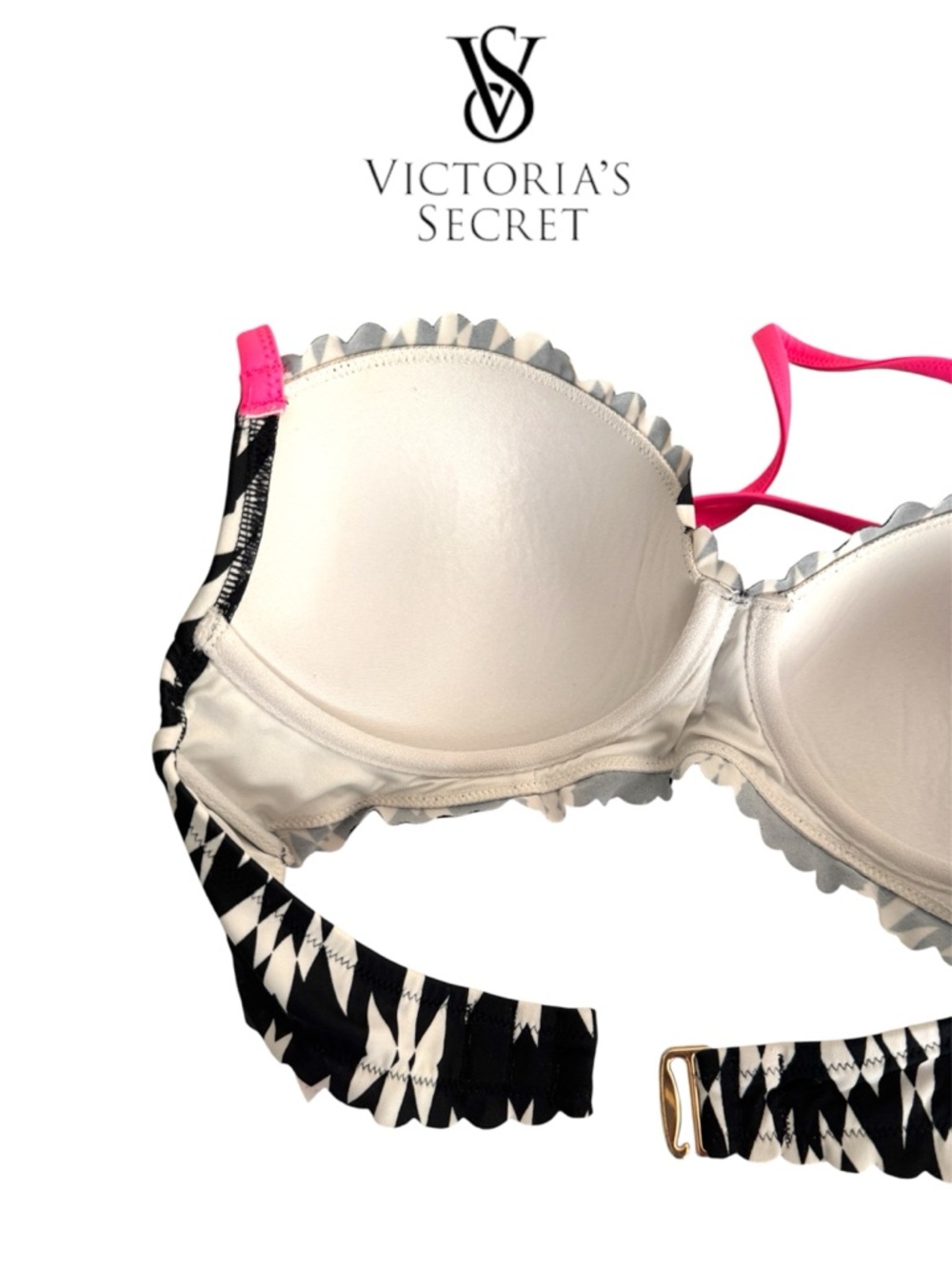 🛍️SALE🛍️ Victoria's Secret Black & White Refracted Geo Bikini Top w/ Pink Straps - Picture 6 of 7